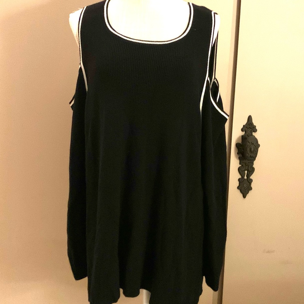 Crown & Ivy Black Cold Shoulder Sweater with White Trim. - Picture 2 of 5